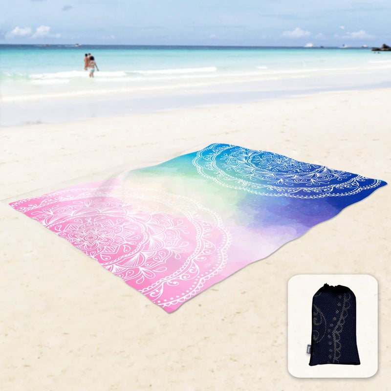 Sunlit Silky Soft 106"x81" Boho Sand Proof Beach Blanket Sand Proof Mat with Corner Pockets and Mesh Bag for Beach Party, Travel, Camping and Outdoor Music Festival, Blue and Pink Mandala - Image 1
